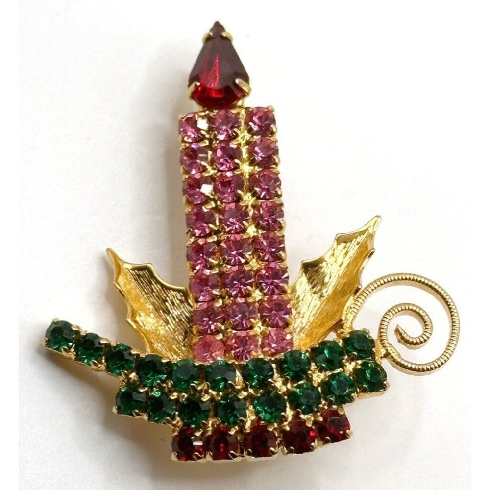 Unmarked Hobe‎ Style Rhinestone Pink Red Green Christmas Candle Pin